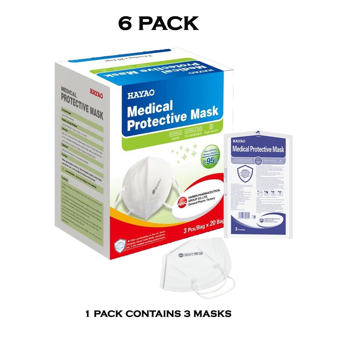 Hayao Medical Protective Face Masks Mouth & Nose Protection 3 Pack & 6 Pack Bags