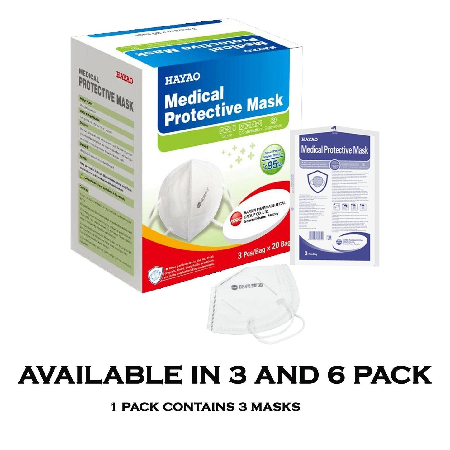 Hayao Medical Protective Face Masks Mouth & Nose Protection 3 Pack & 6 Pack Bags