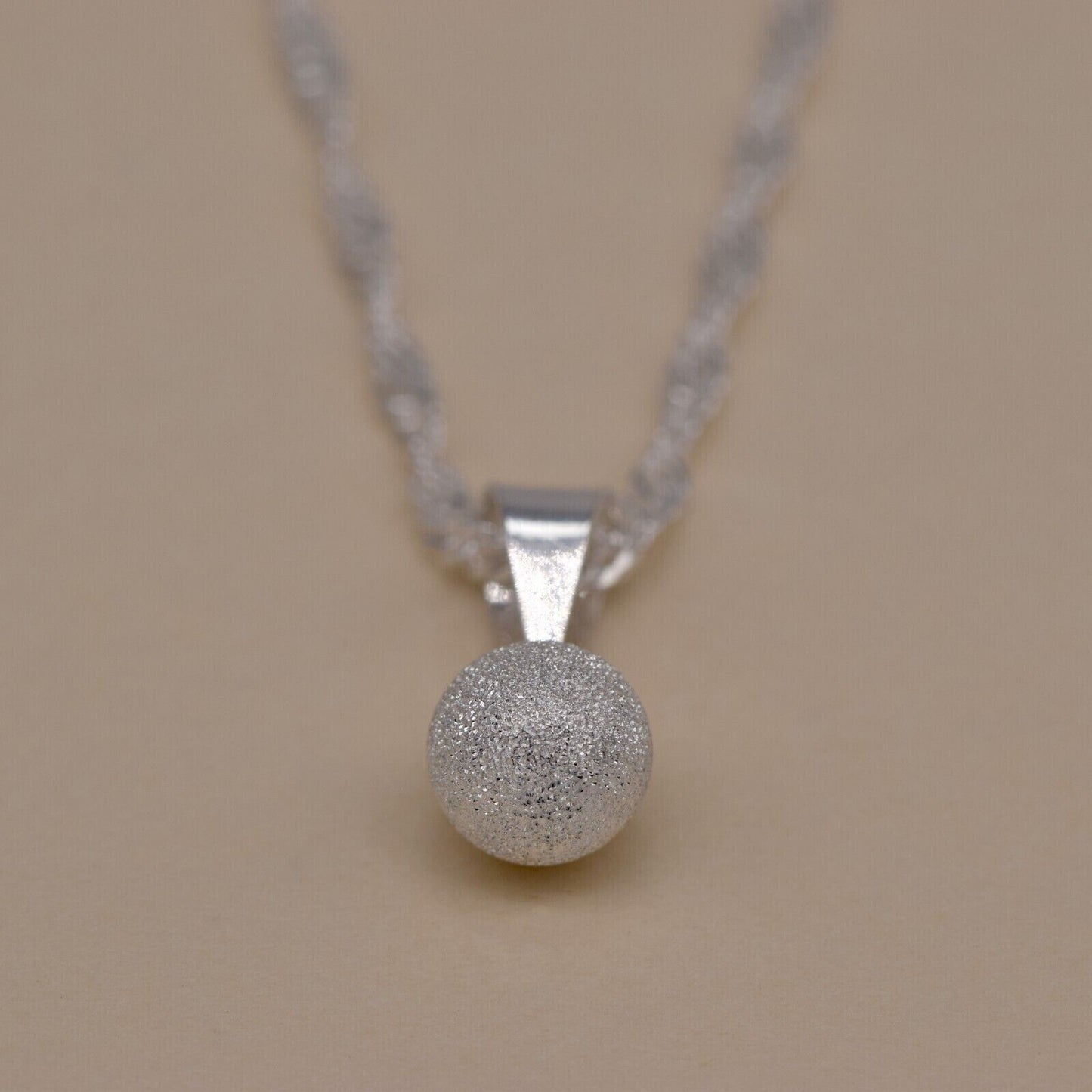 Genuine 925 Sterling Silver 7mm Frosted Ball Pendant Necklace on Singapore Chain