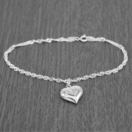 Genuine 925 Sterling Silver Singapore Chain Bracelet W/ Puffed Heart Charm