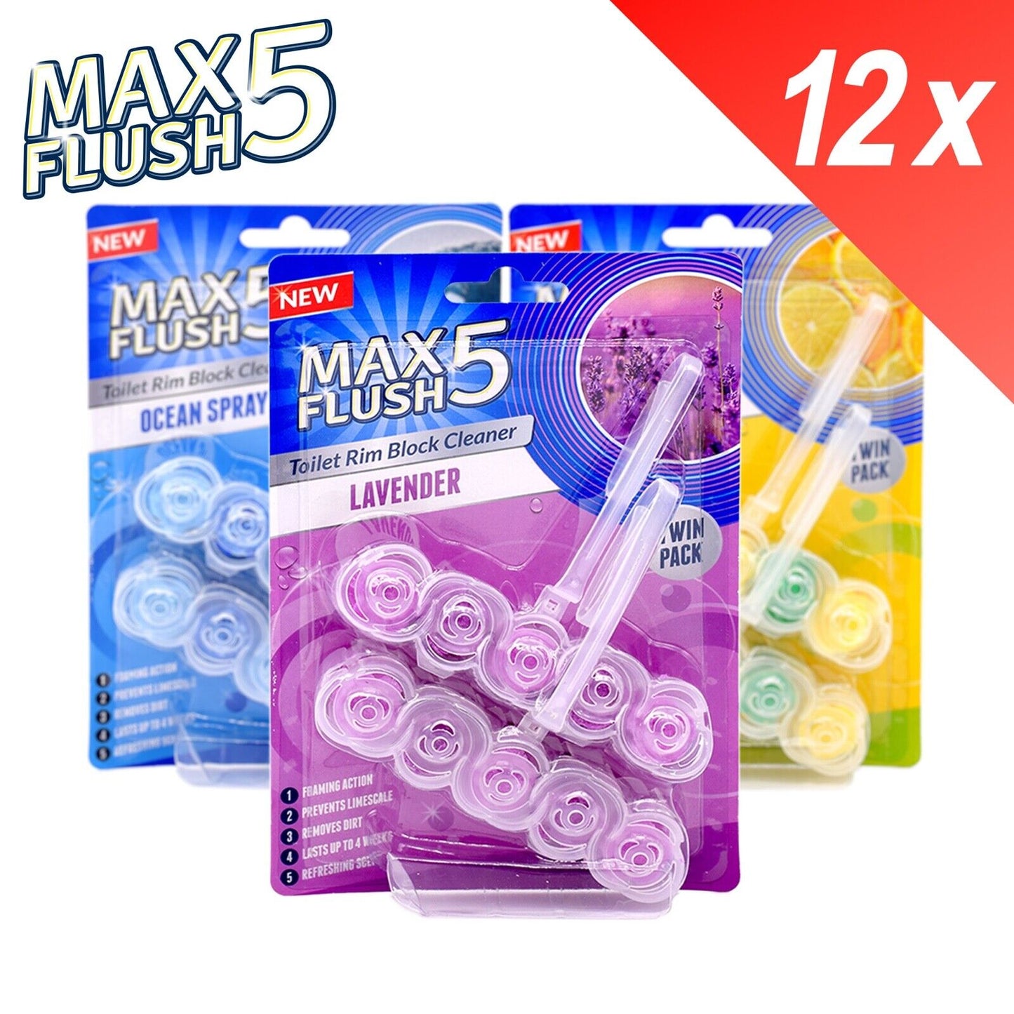 12x Max Flush 5 Toilet Rim Block Cleaner Twin Pack (12 x 2 = 24 x45g Rim Blocks)