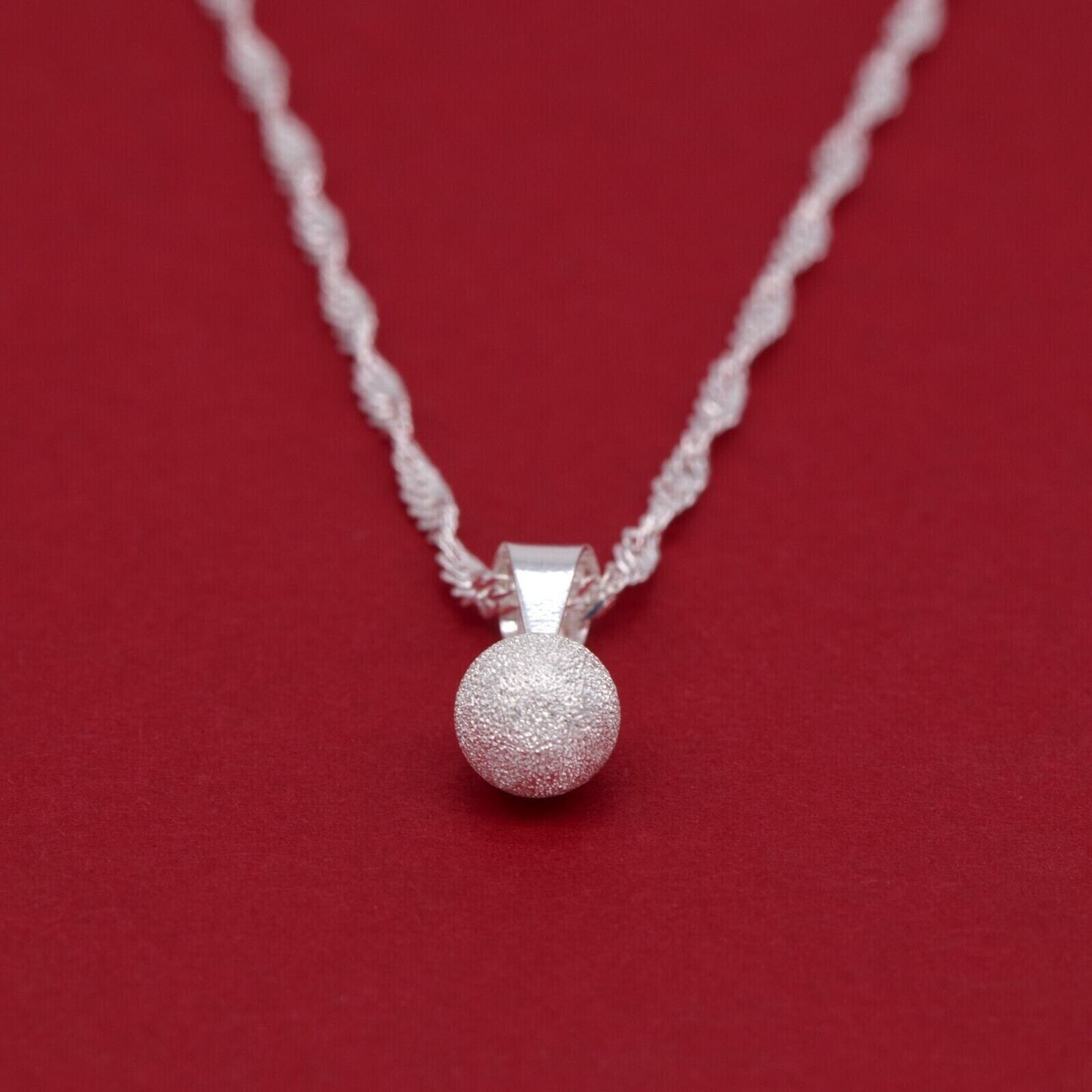 Genuine 925 Sterling Silver 7mm Frosted Ball Pendant Necklace on Singapore Chain