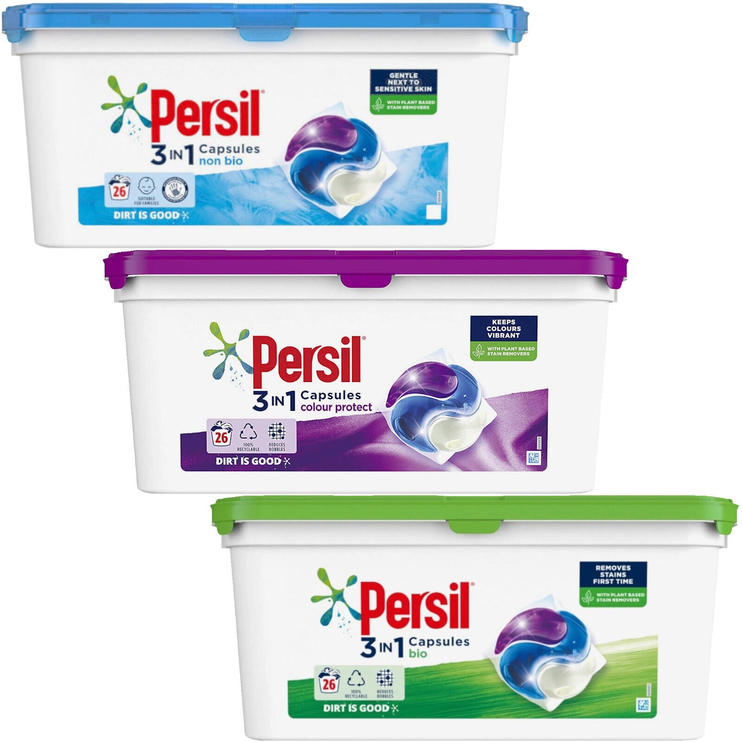 3x Persil 3 in 1 Laundry Washing Capsules, 26's x 3 = 78 Washes (3 Types)