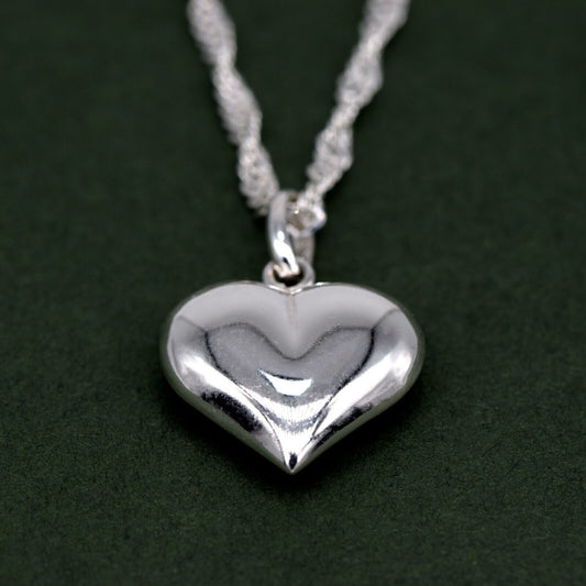 Genuine 925 Sterling Silver 3D Puffed Heart Pendant Necklace on Singapore Chain