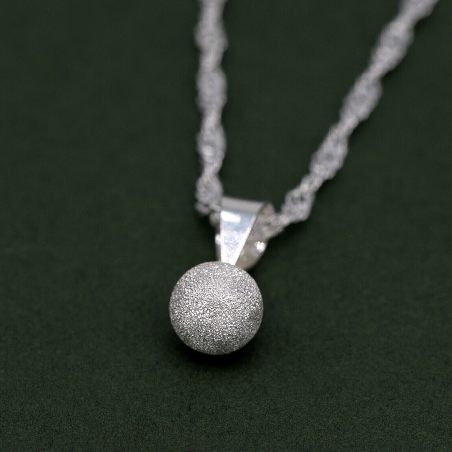 Genuine 925 Sterling Silver 7mm Frosted Ball Pendant Necklace on Singapore Chain