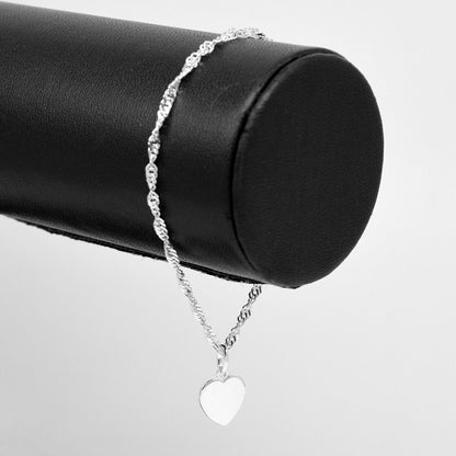 Genuine 925 Sterling Silver Singapore Chain Bracelet W/ Flat Heart Charm