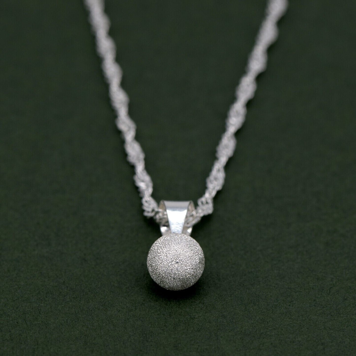 Genuine 925 Sterling Silver 7mm Frosted Ball Pendant Necklace on Singapore Chain
