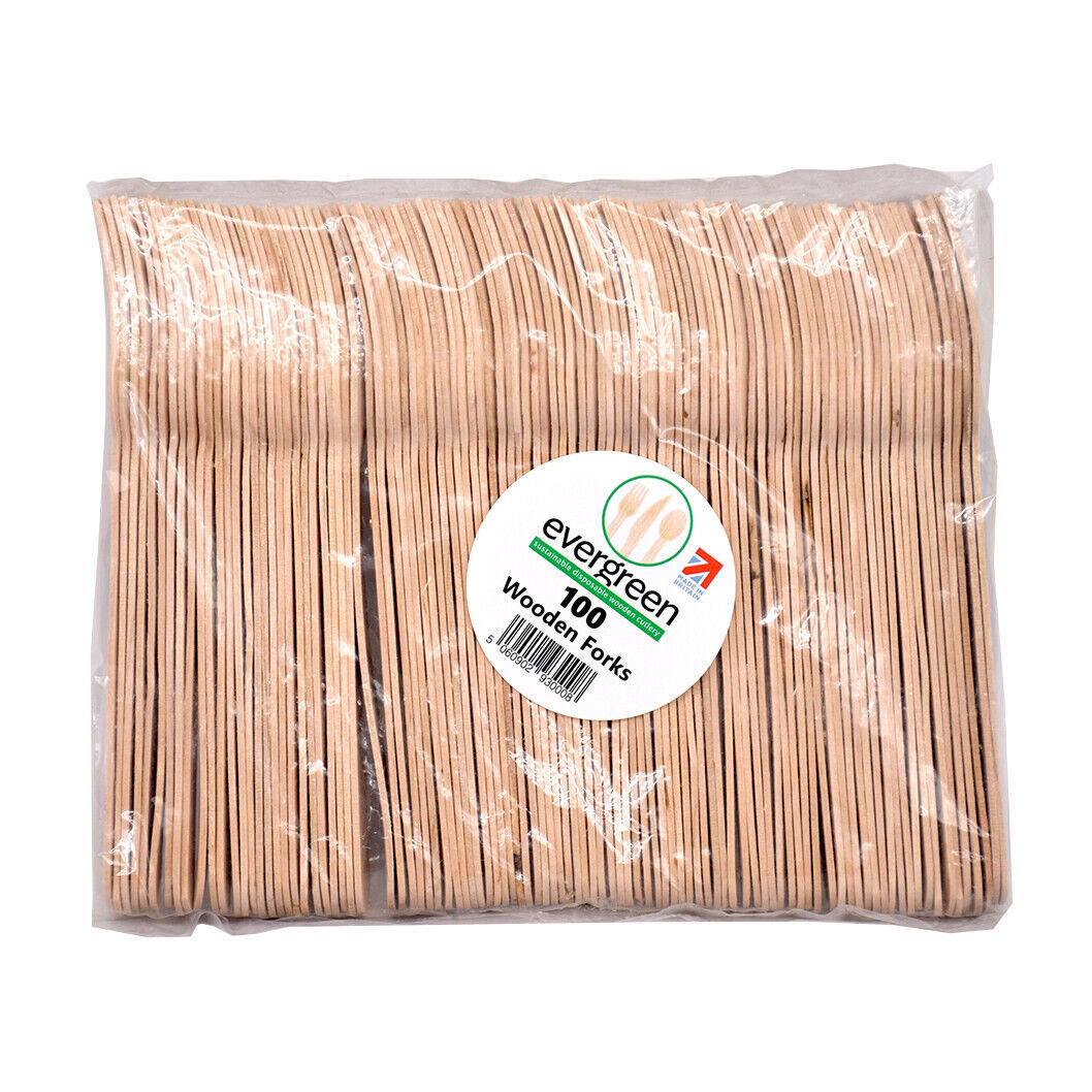 Evergreen Sustainable Disposable Wooden Knife Spoon Fork - Pack of 100