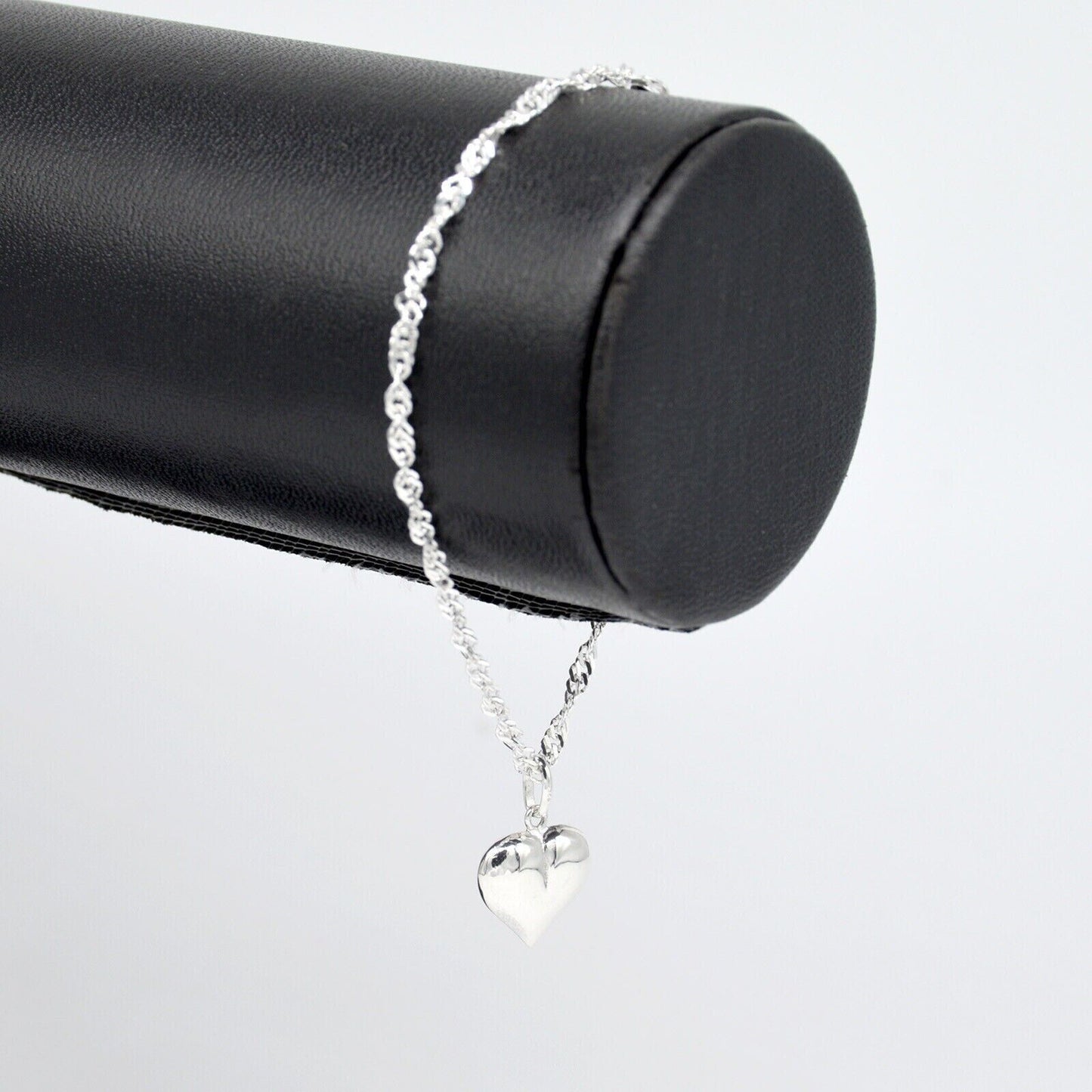 Genuine 925 Sterling Silver Singapore Chain Bracelet W/ Puffed Heart Charm