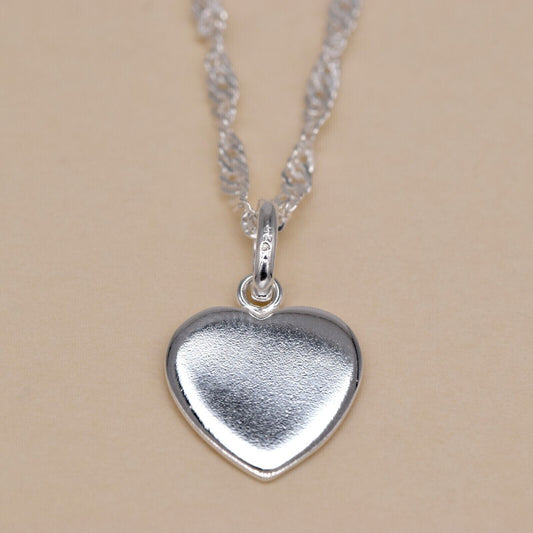 Genuine 925 Sterling Silver Flat Heart Pendant Necklace on Singapore Chain