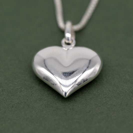 Genuine 925 Sterling Silver Puffed Heart Pendant Necklace on 14”-24" Box Chain