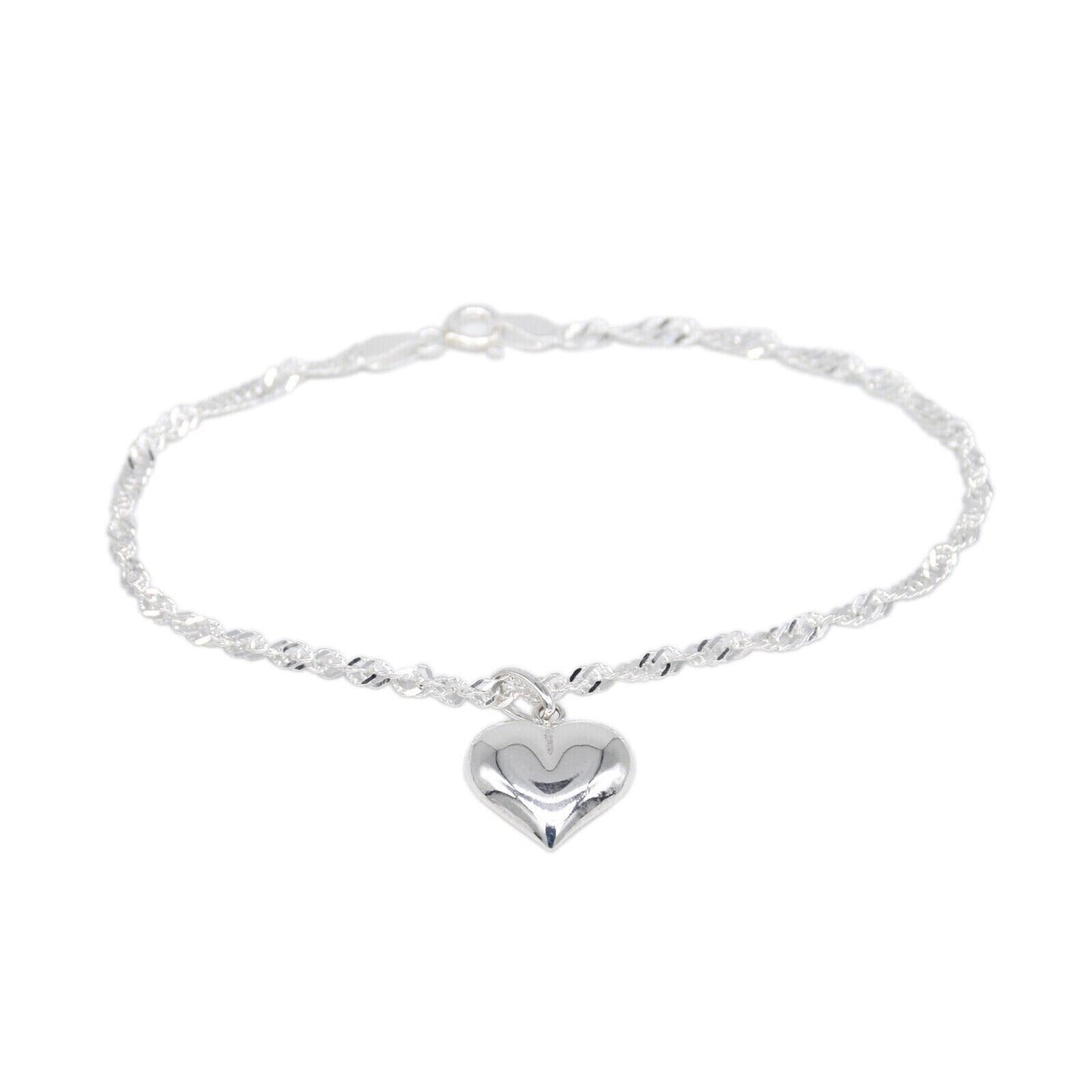 Genuine 925 Sterling Silver Singapore Chain Bracelet W/ Puffed Heart Charm