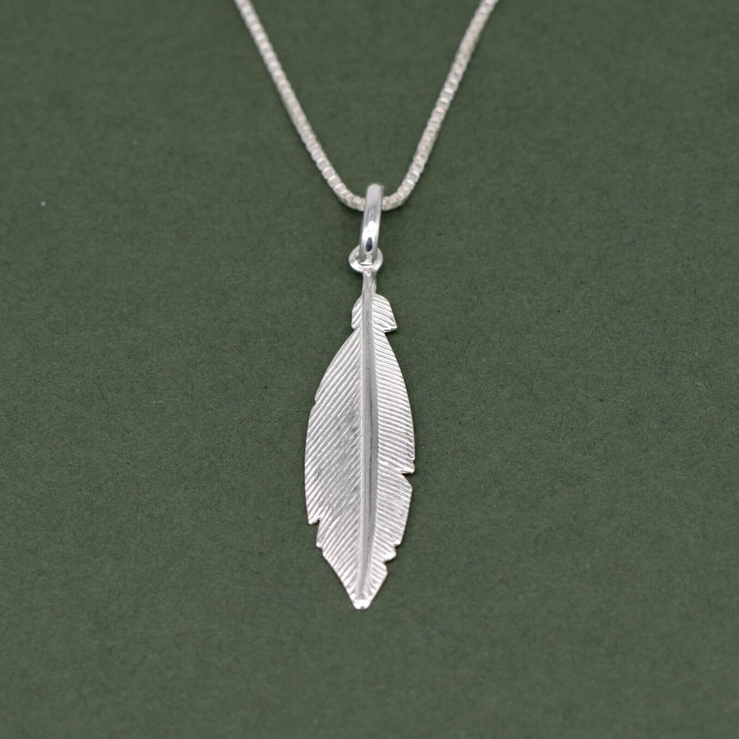 Genuine 925 Sterling Silver Feather Pendant Necklace on 14”-24" Box Chain
