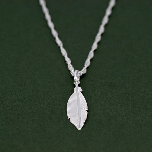 Genuine 925 Sterling Silver Feather Pendant Necklace on Singapore Chain