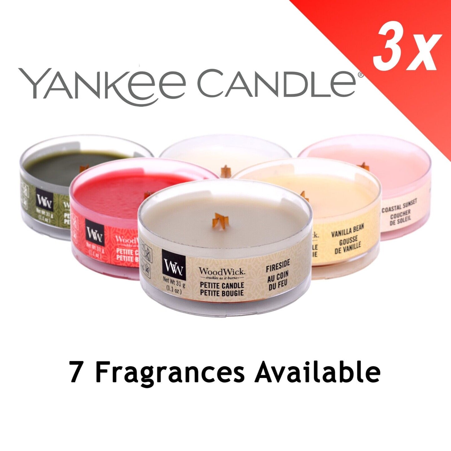 3x Woodwick (by Yankee Candle)  Petite Candle 3x31g - 7 Fragrance to Choose From