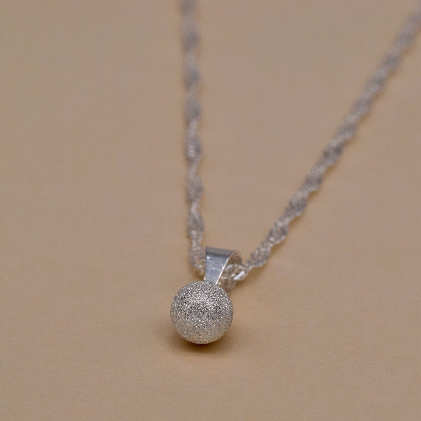 Genuine 925 Sterling Silver 7mm Frosted Ball Pendant Necklace on Singapore Chain