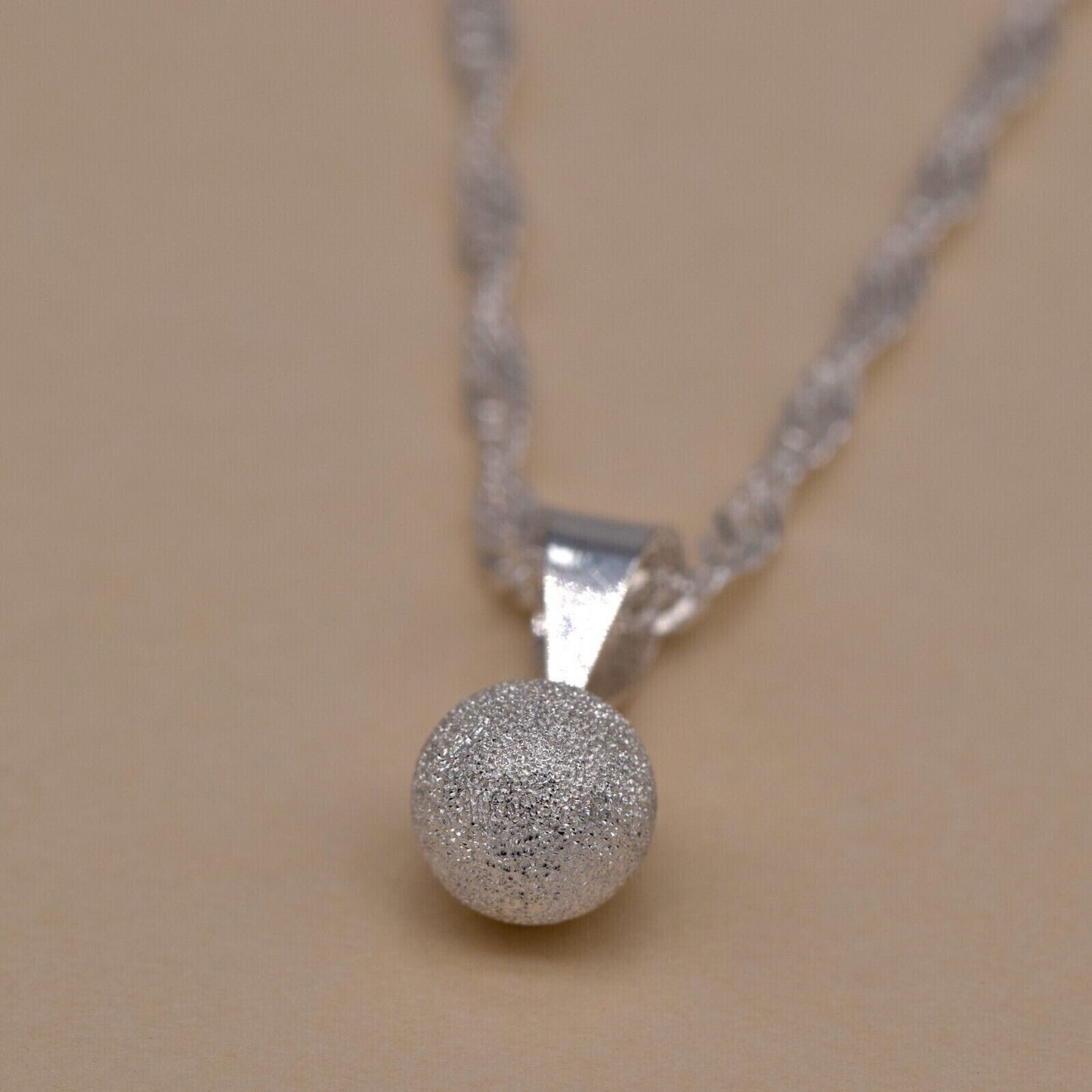 Genuine 925 Sterling Silver 7mm Frosted Ball Pendant Necklace on Singapore Chain