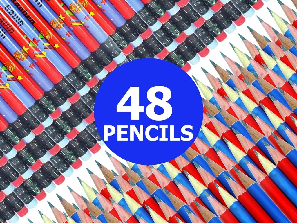 Red & Blue Boys HB Pencils with Rubber Tip HQ Lead Great for School Kids Exam