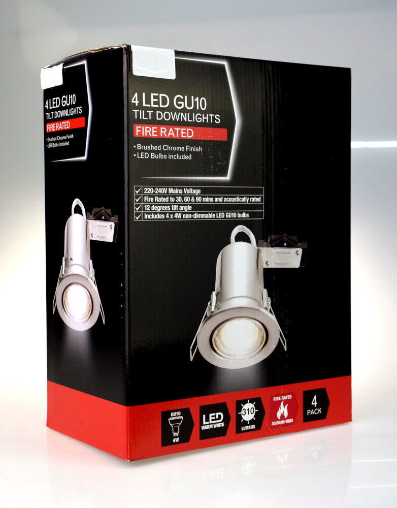 8 x BRUSHED CHROME Fire Rated Tilt LED GU10 Recessed Spotlights Downlights 4w