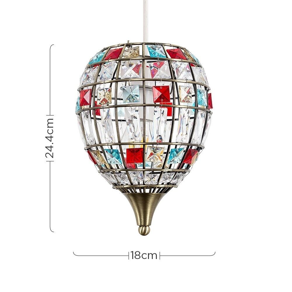 Antique Brass Cage with Multi Coloured Crystal Drupe Ceiling Pendant Light Shade