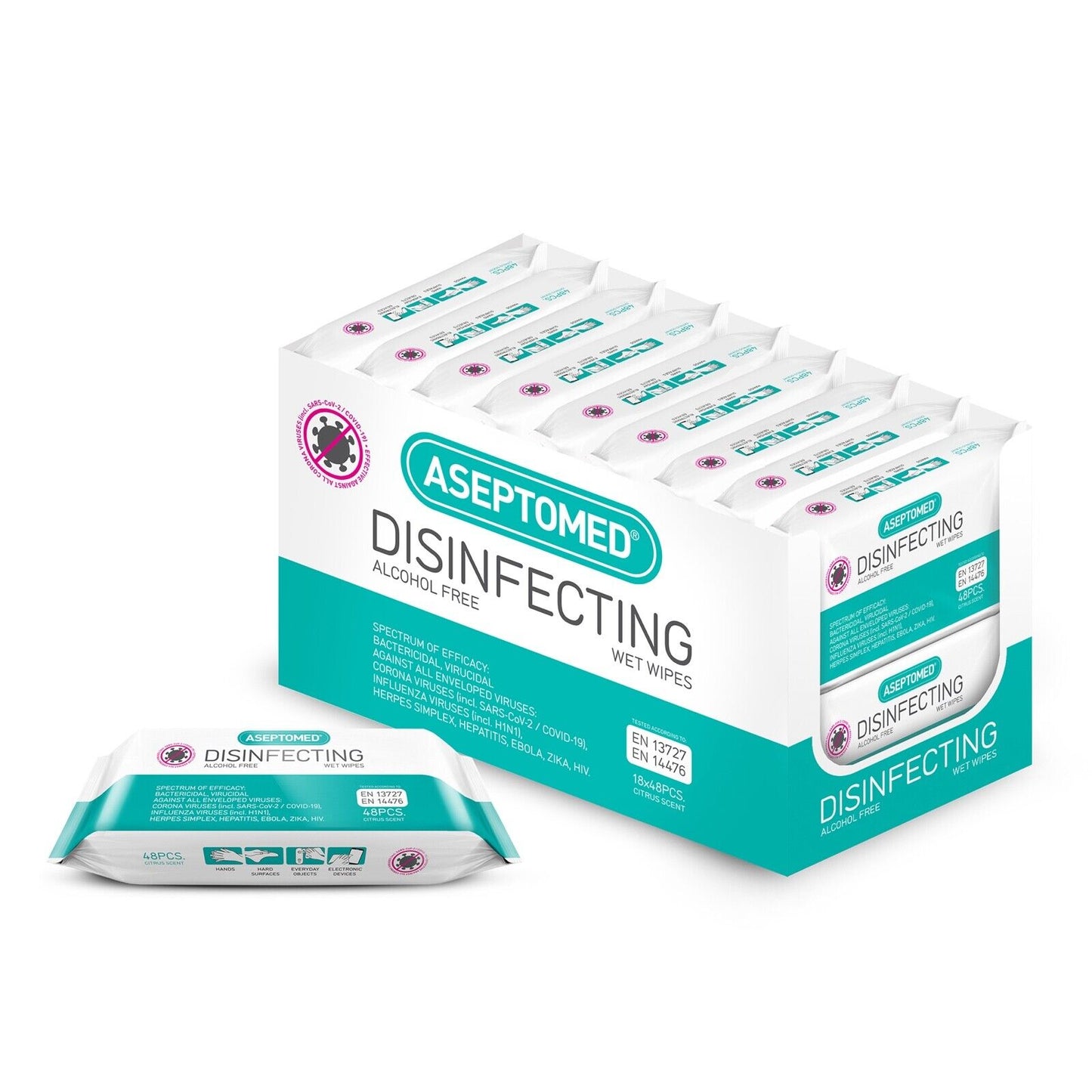 18Pk Aseptomed Disinfecting Alcohol Free Wipes (48Wipes) Citrus Scent SEE PHOTOS