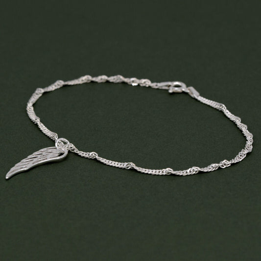 Genuine 925 Sterling Silver 10" Singapore Chain Anklet With Feather Pendant