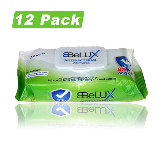 12 PACKS BELUX ANTIBACTERIAL WET WIPES KILLS 99.9% OF GERMS (72 WIPES PER PACK)