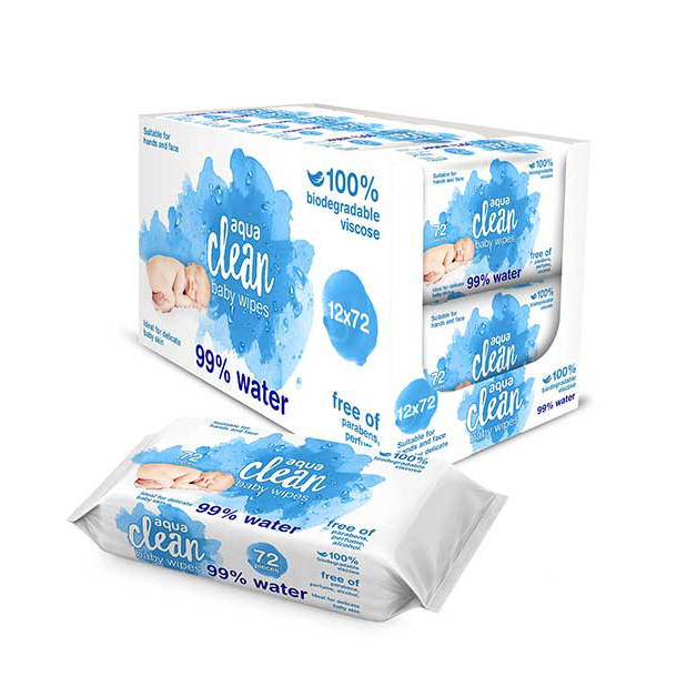 24 PACKS AQUA CLEAN BABY WIPES 99% WATER (72 WIPES P/PACK) BIODEGRADABLE