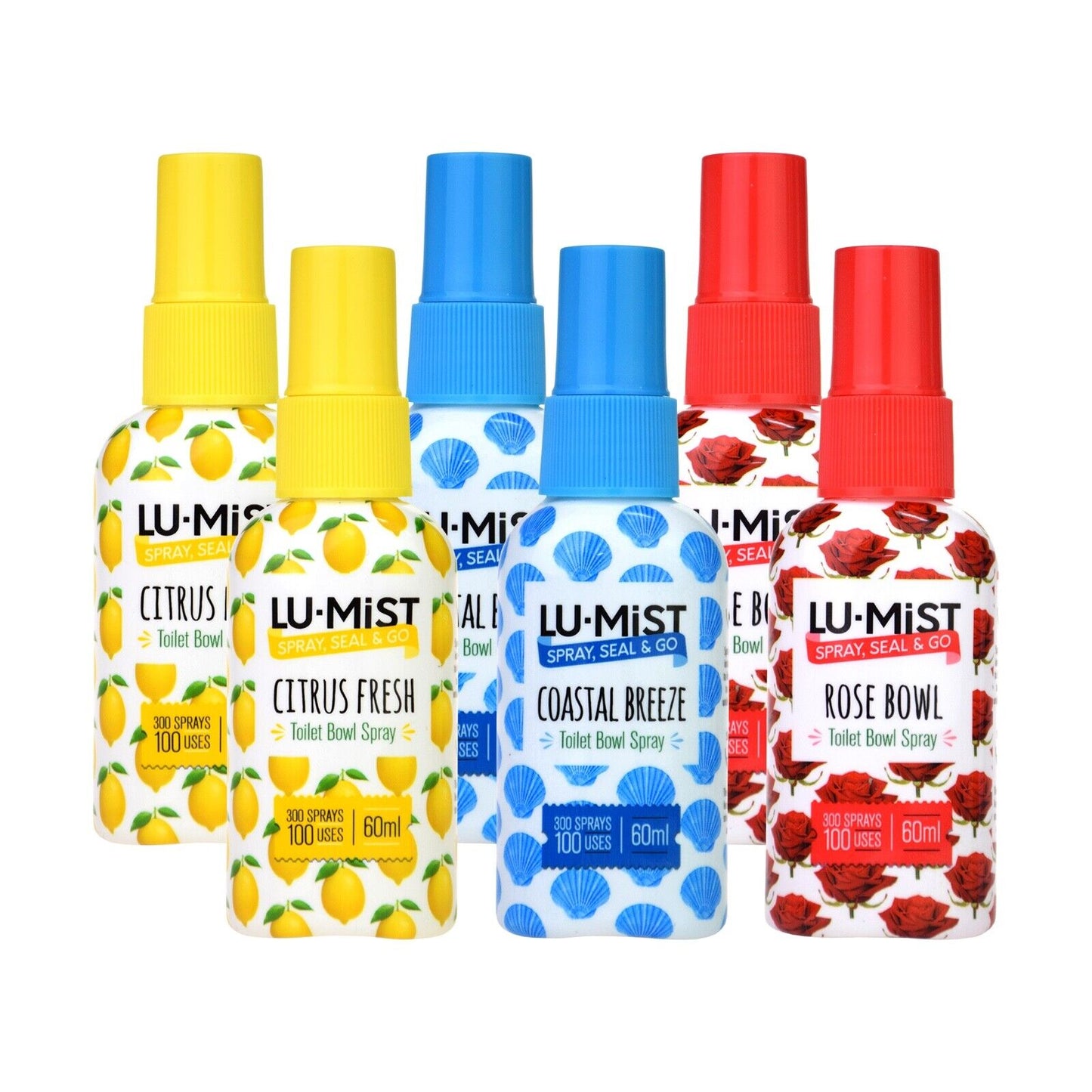 6 x Lu-Mist Toilet Spray - Rose, Lemon, Coastal - 2 of Each 60ml/600 Sprays