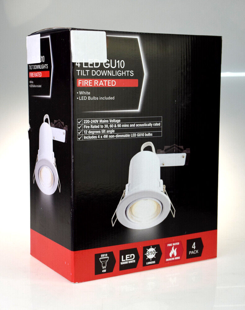 12 x Fire Rated Fixed Tilt LED GU10 Recessed WHITE Spotlights Downlights 4W UK