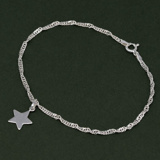 Genuine 925 Sterling Silver 10" Singapore Chain Anklet With Star Pendant
