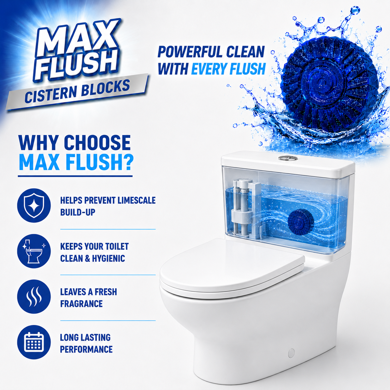 12x Max Flush In-Cistern Toilet Blocks - 8 Blocks Per Pack (96x50g)