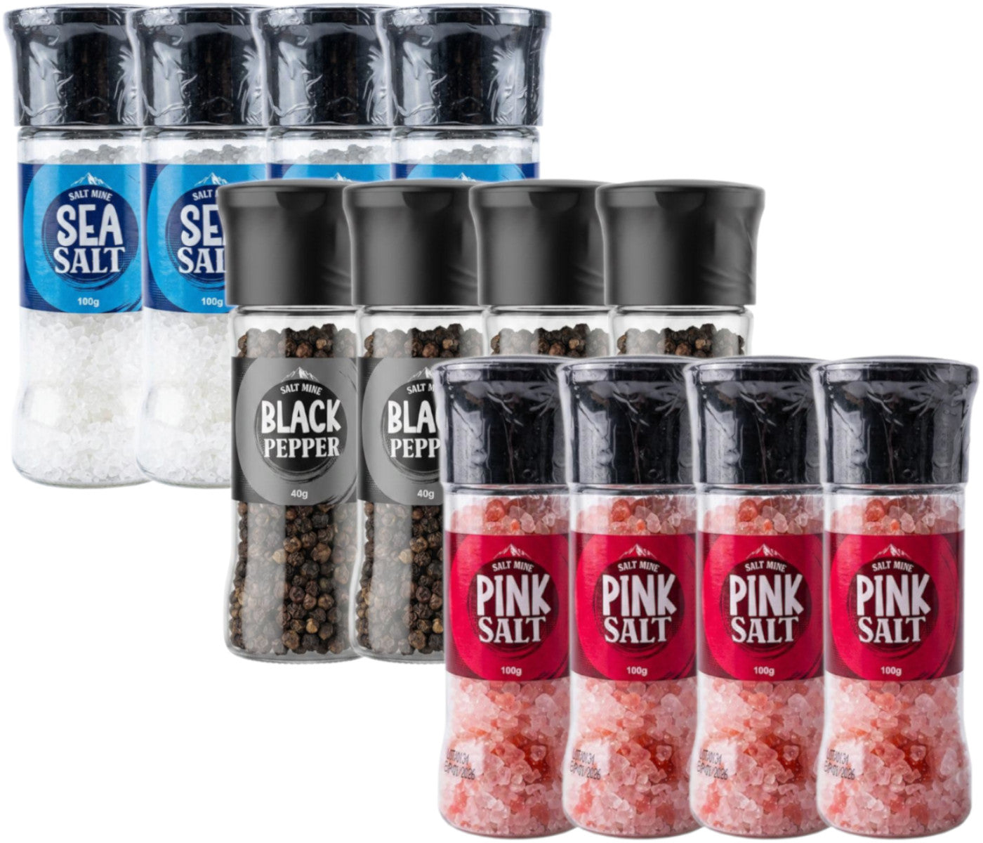 12x Saltmine Grinder Mix  Sea Salt / Pink Salt / Black Pepper  100g