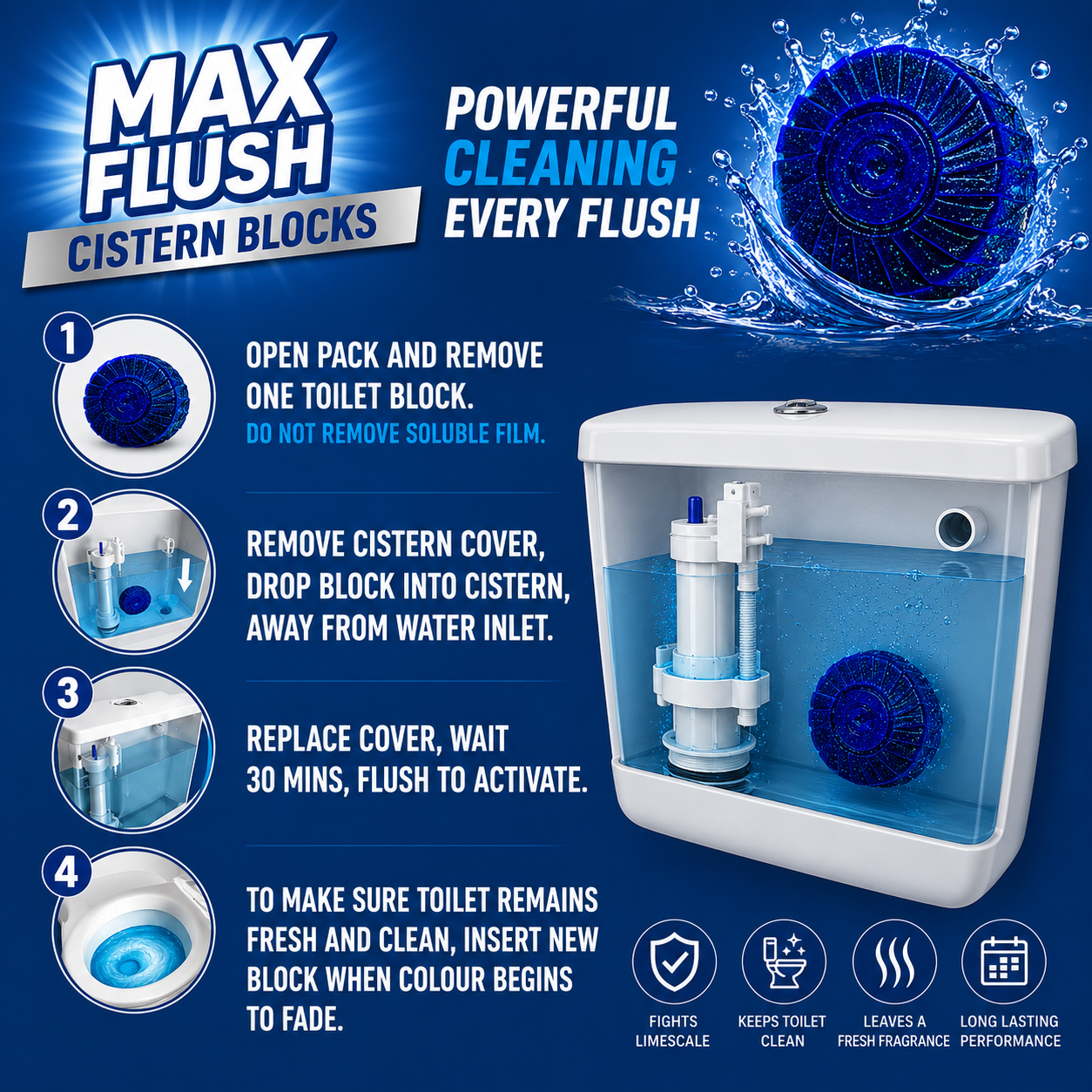 12x Max Flush In-Cistern Toilet Blocks - 8 Blocks Per Pack (96x50g)
