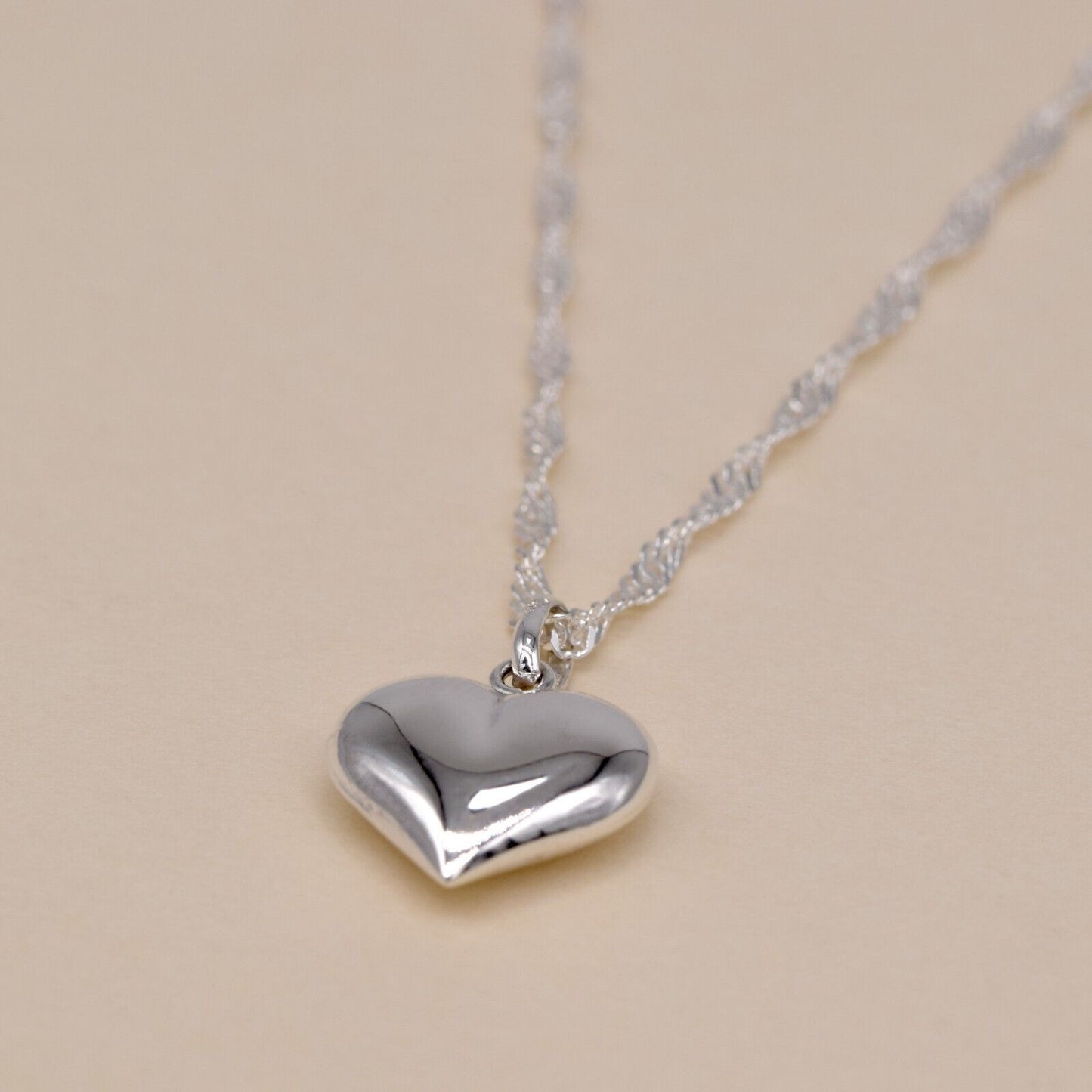 Genuine 925 Sterling Silver 3D Puffed Heart Pendant Necklace on Singapore Chain