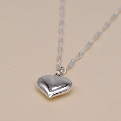 Genuine 925 Sterling Silver 3D Puffed Heart Pendant Necklace on Singapore Chain