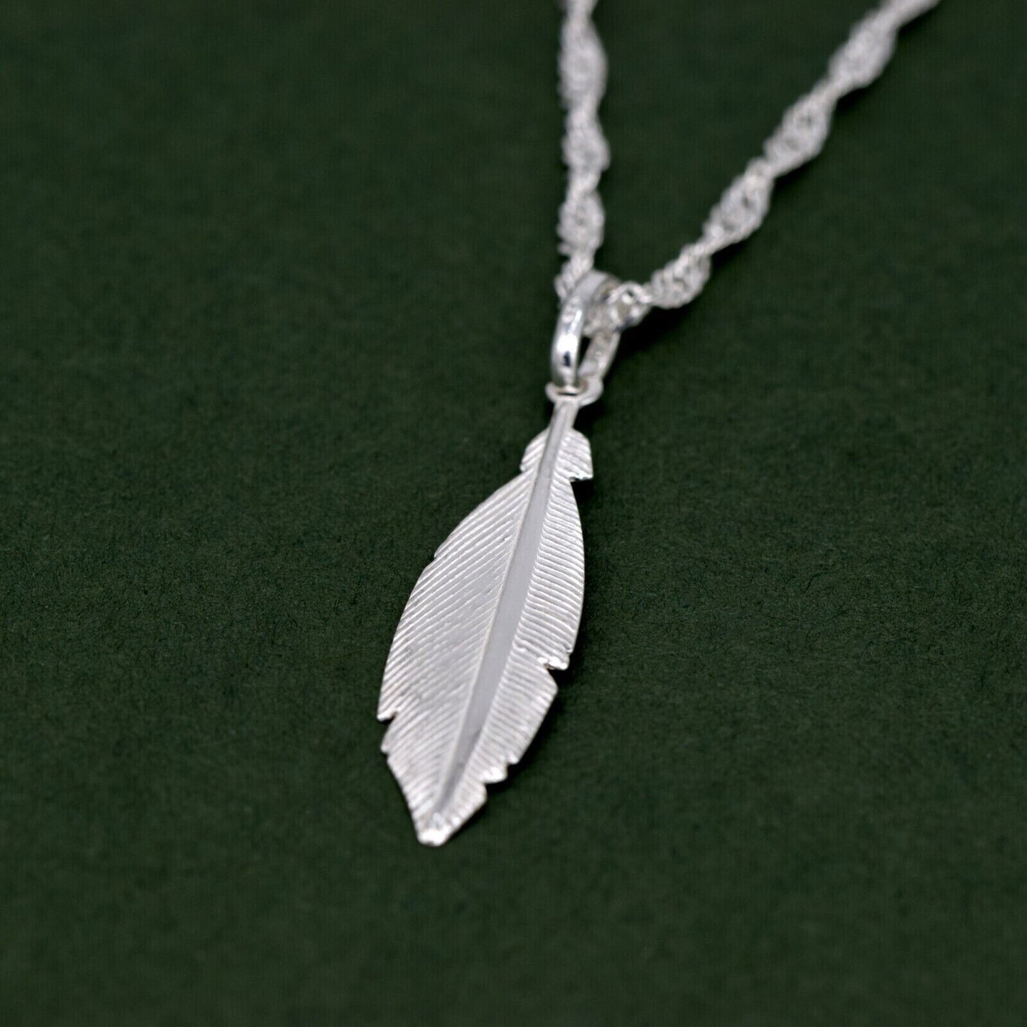 Genuine 925 Sterling Silver Feather Pendant Necklace on Singapore Chain