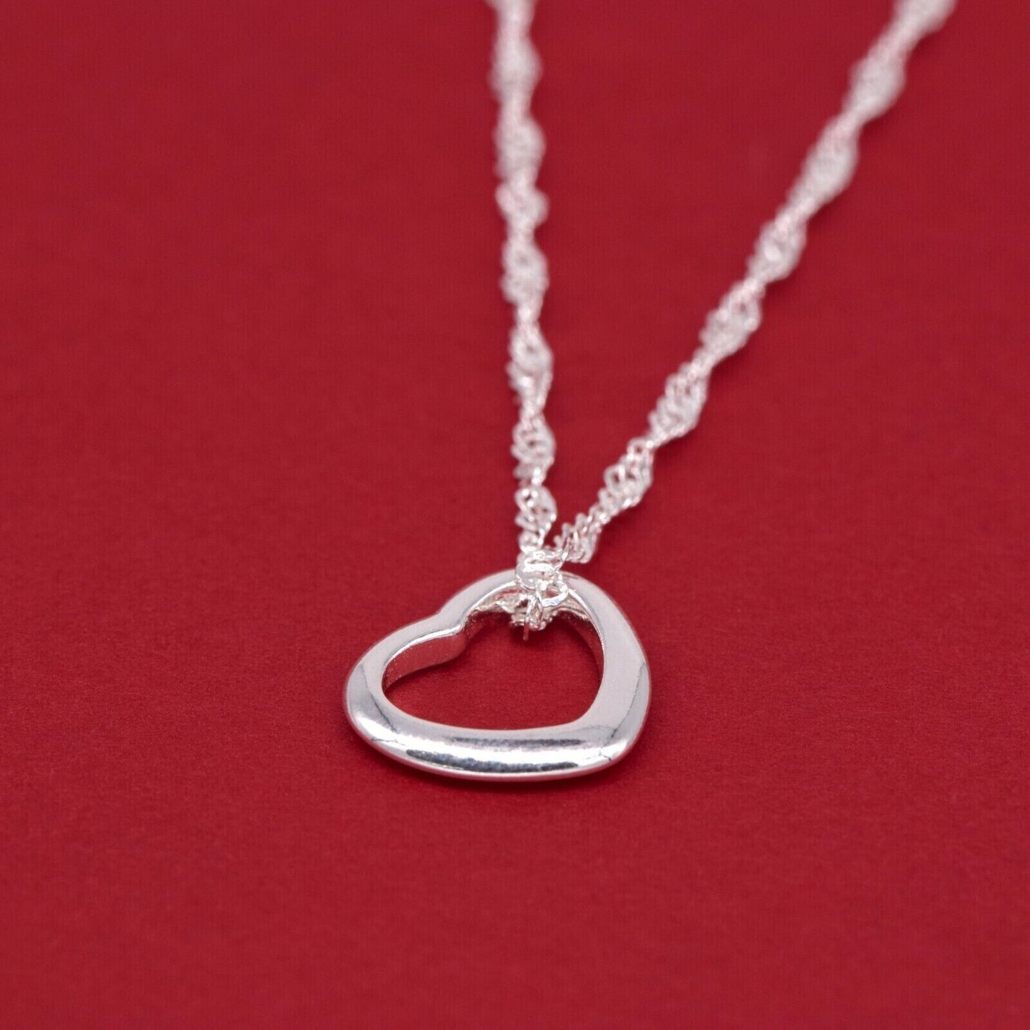 Genuine 925 Sterling Silver Floating Heart Pendant Necklace on Singapore Chain