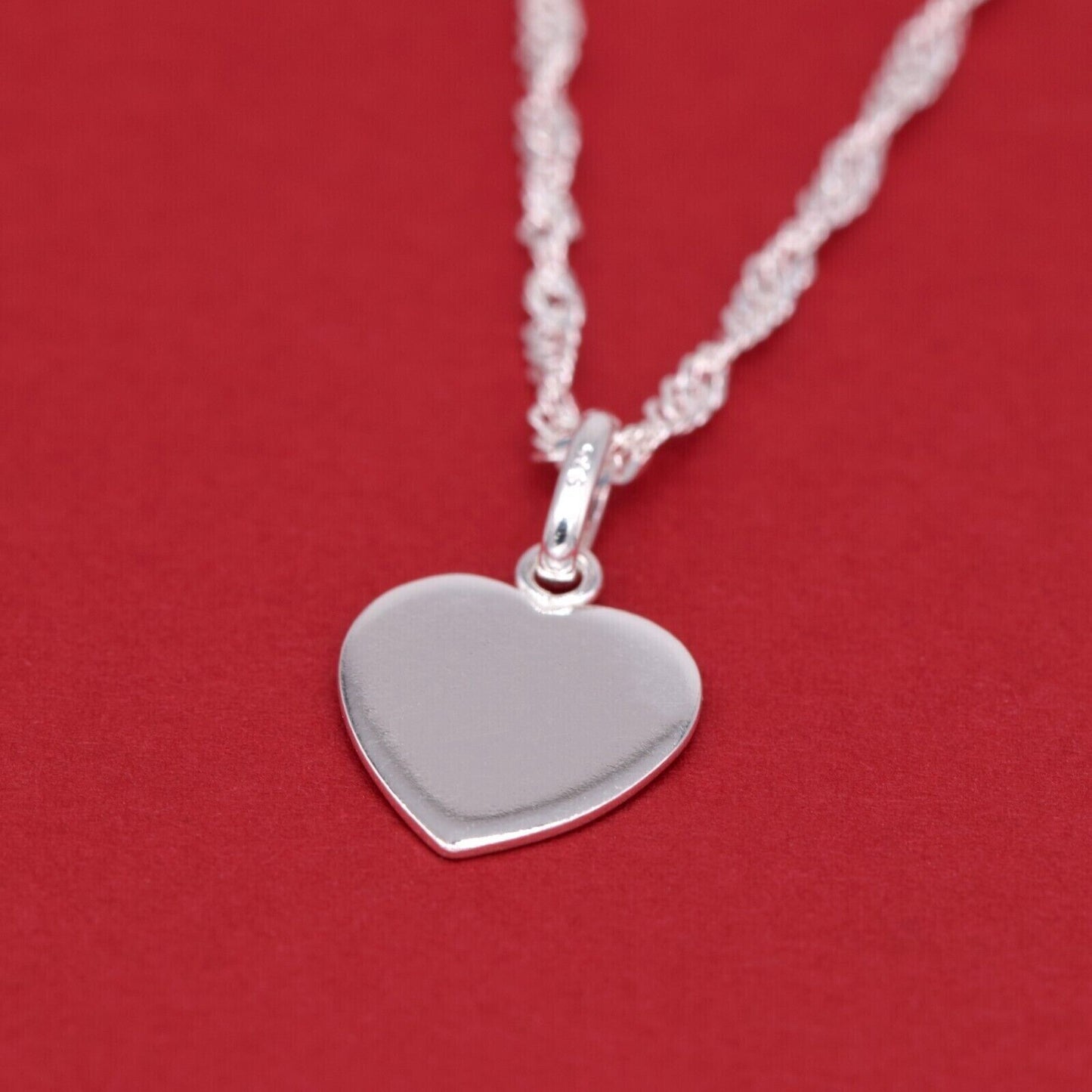 Genuine 925 Sterling Silver Flat Heart Pendant Necklace on Singapore Chain
