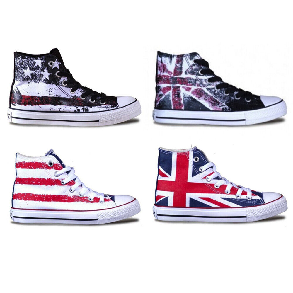 Andy-Z Men's Lace Up Canvas Sneakers High Top Flat Round Toe UK USA Flag Print