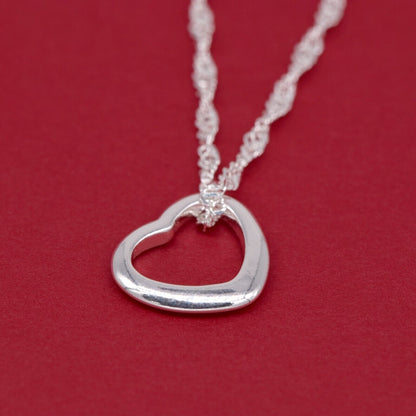 Genuine 925 Sterling Silver Floating Heart Pendant Necklace on Singapore Chain