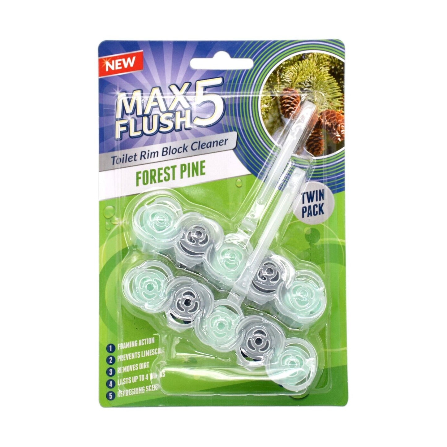 3x Max Flush 5 Toilet Rim Block Cleaner Twin Pack (3 x 2 = 6 x 45g Rim Blocks)