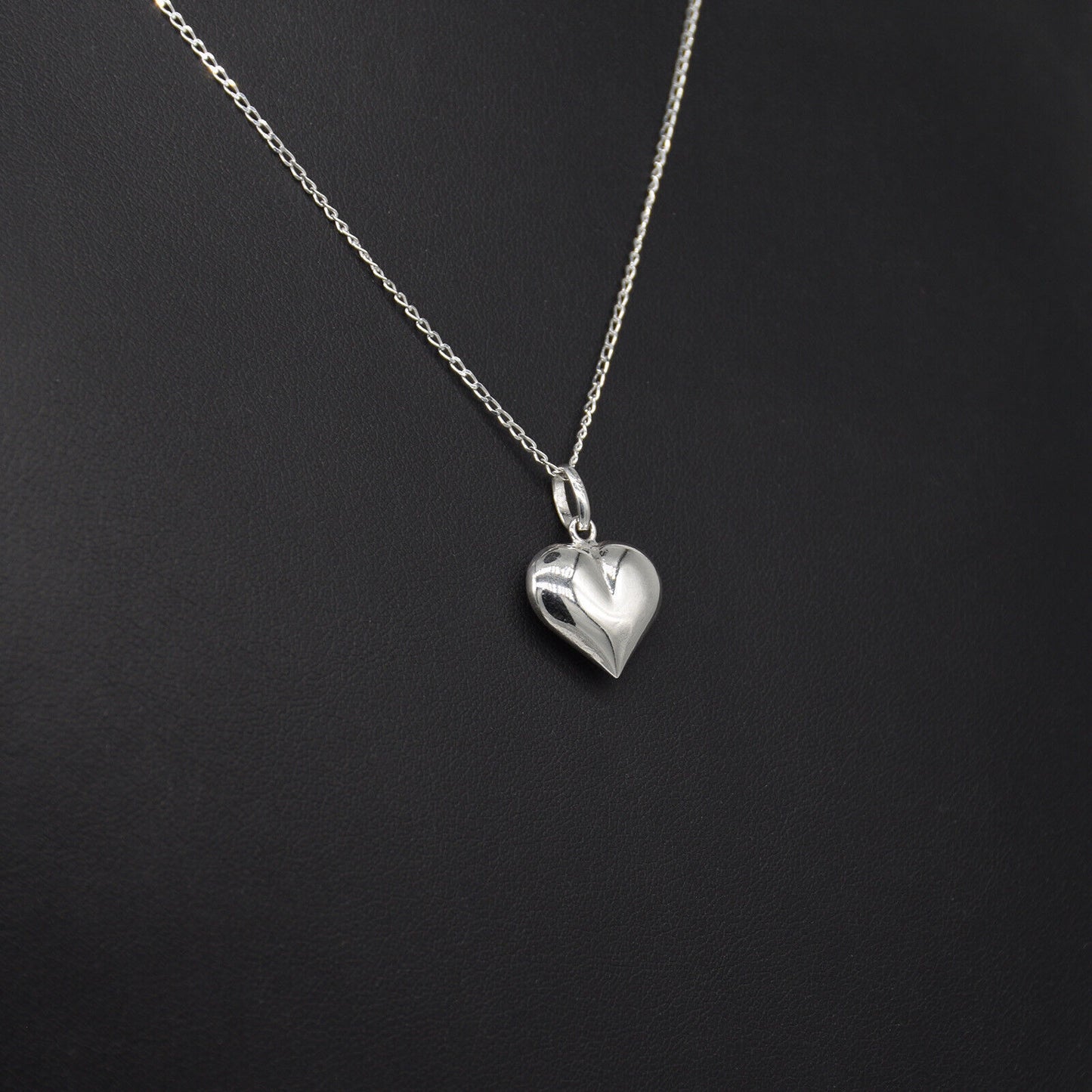 Genuine 925 Sterling Silver Puffed Heart Pendant Necklace on 14-24" Curb Chain
