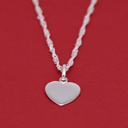 Genuine 925 Sterling Silver Flat Heart Pendant Necklace on Singapore Chain