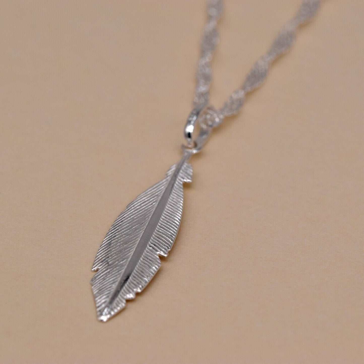 Genuine 925 Sterling Silver Feather Pendant Necklace on Singapore Chain