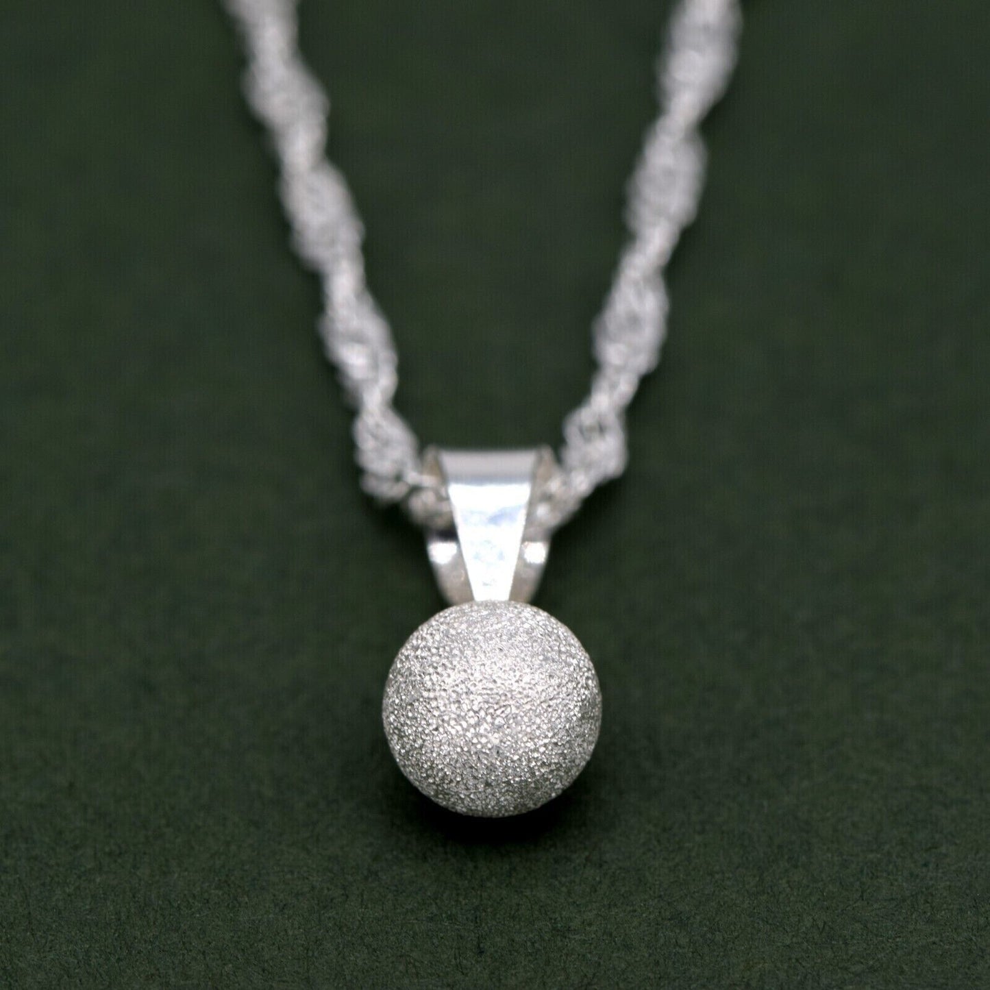 Genuine 925 Sterling Silver 7mm Frosted Ball Pendant Necklace on Singapore Chain