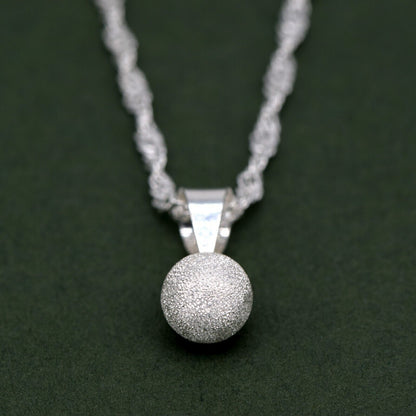 Genuine 925 Sterling Silver 7mm Frosted Ball Pendant Necklace on Singapore Chain