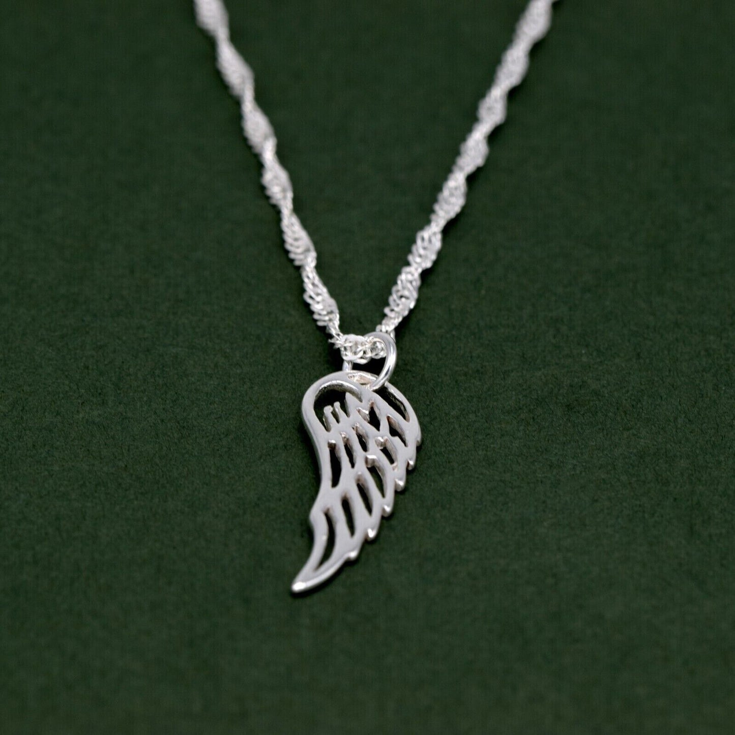 Genuine 925 Sterling Silver Wing Pendant Necklace on Singapore Chain