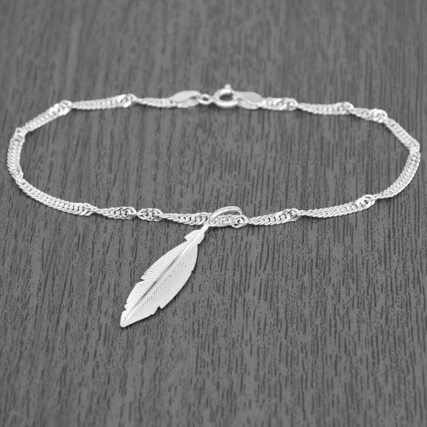 Genuine 925 Sterling Silver Singapore Chain Bracelet W/ Feather Charm