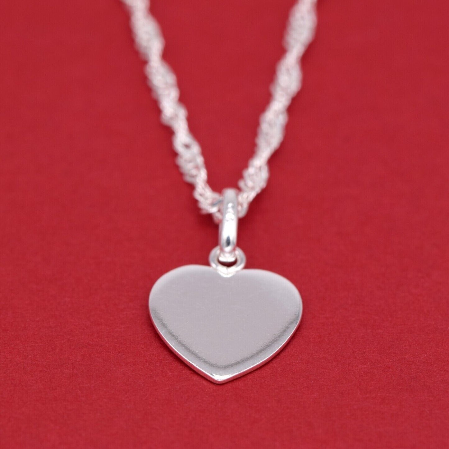 Genuine 925 Sterling Silver Flat Heart Pendant Necklace on Singapore Chain